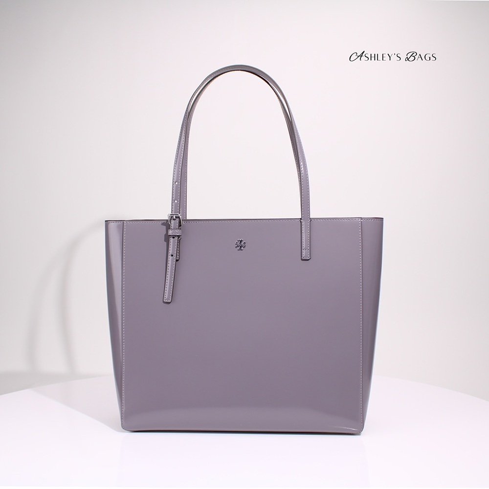 Tory Burch Large Patent Leather Emerson Tote In Grey